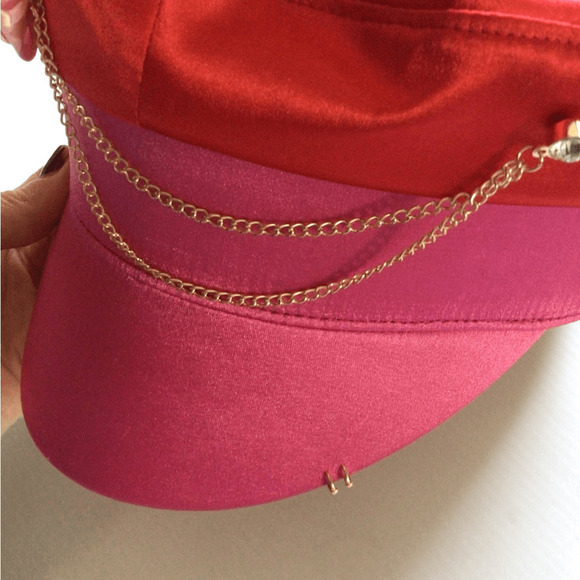 NEW! Rare Upcycled Satin Red and Pink Cap with Chain and Flower main image 6